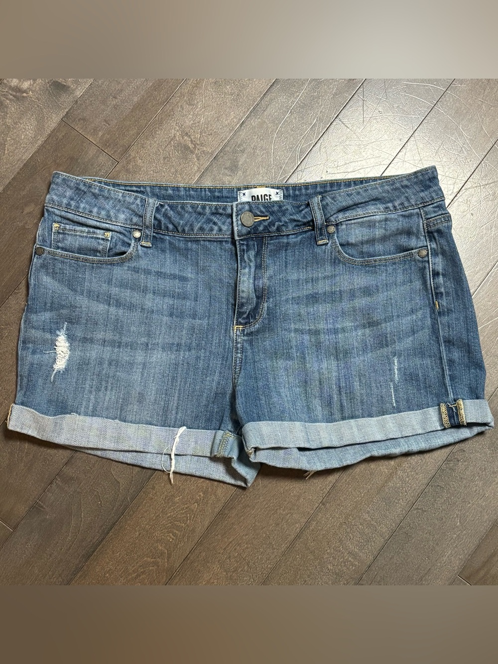 PAIGE Amari Denim Shorts Womens 31 Blue Distressed Cuffed Boyfriend